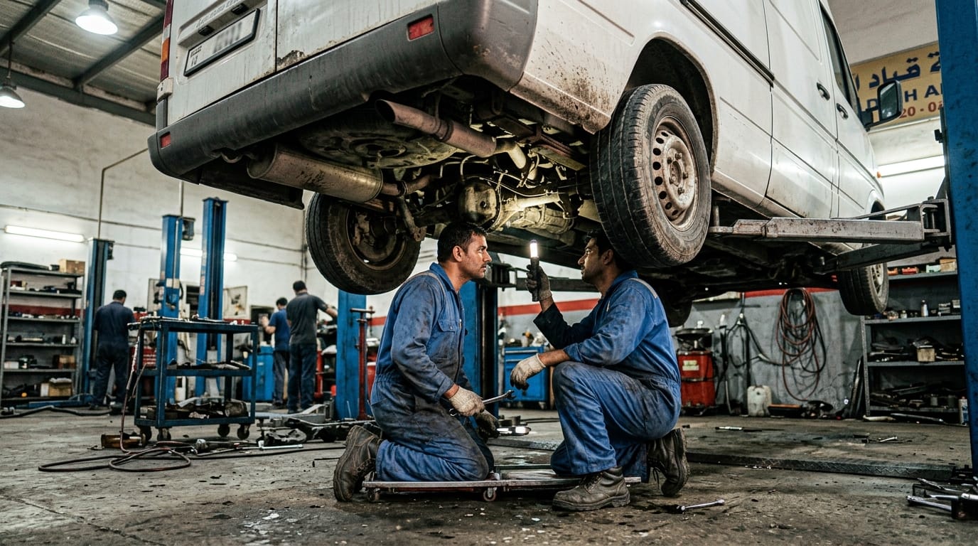 Mechanic conducting a maintenance check on a fleet delivery van in an Al Quoz workshop