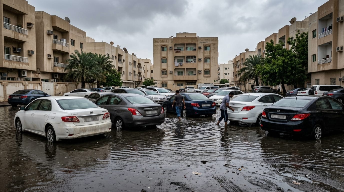 Cars partially submerged in flooded Sharjah parking area highlighting flood insurance risk UAE