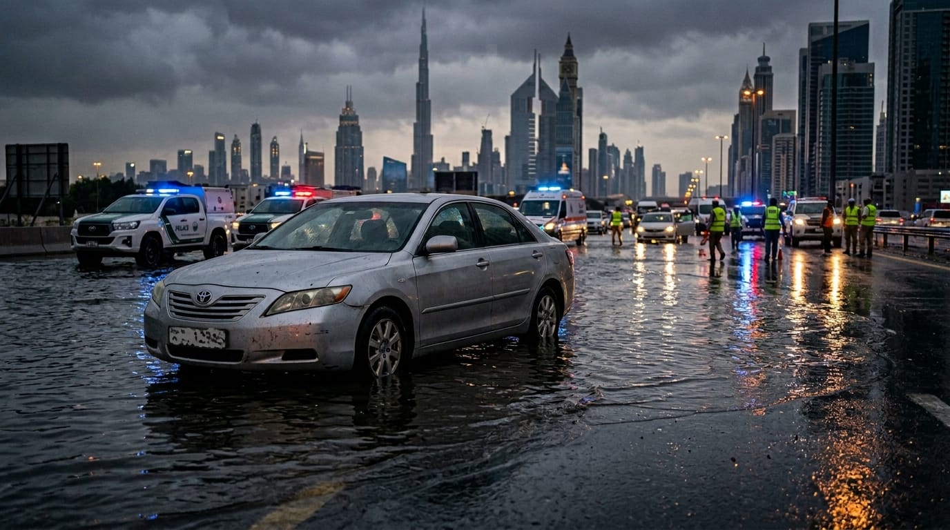 Flooded saloon car partially submerged in standing water on a Dubai road after heavy rain