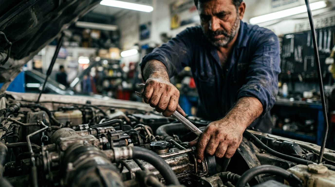 Mechanic inspecting engine bay in Al Quoz auto workshop