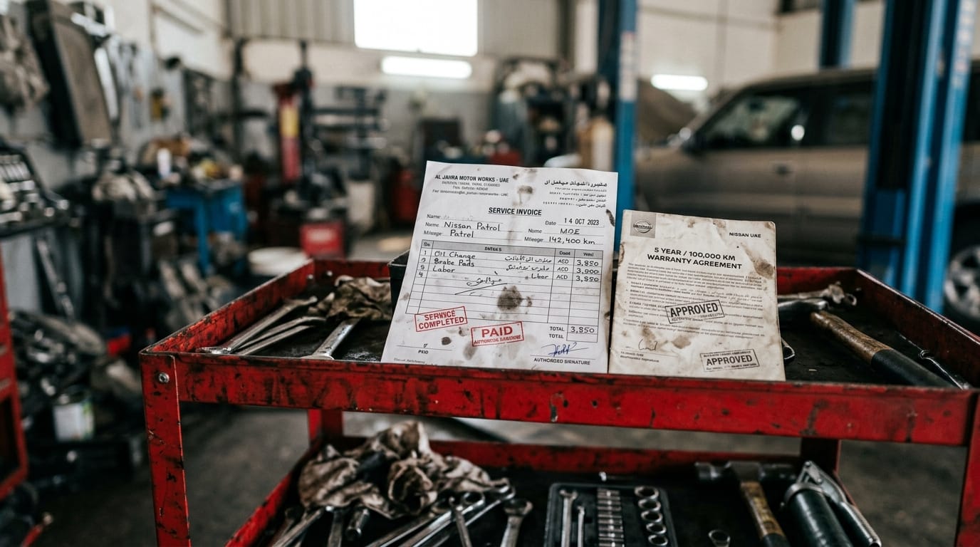 Receipt and warranty paper on mechanic's tool trolley