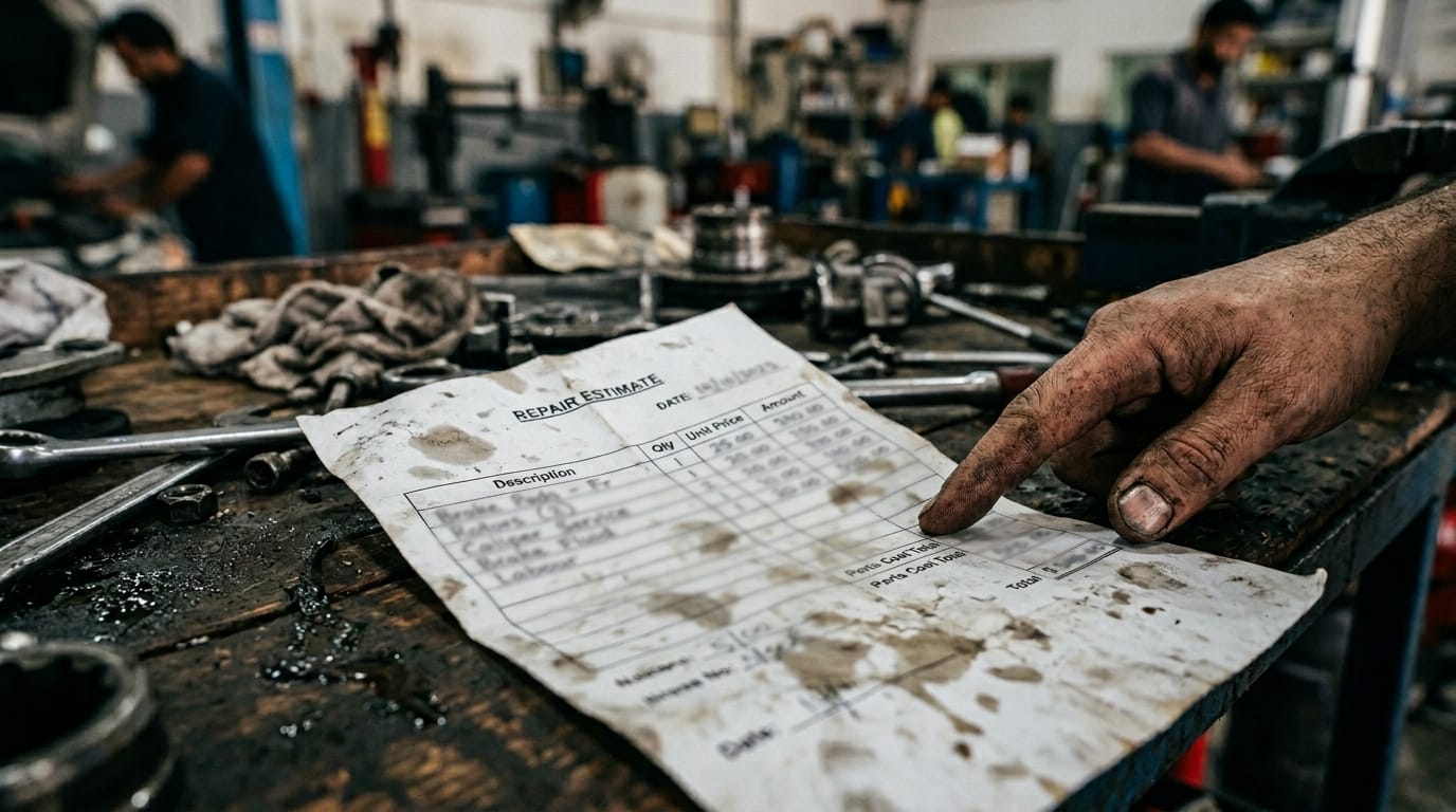 Itemised auto repair estimate paper on a mechanic workbench