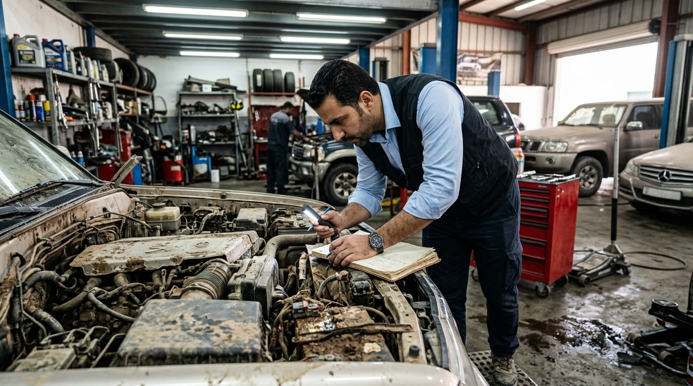 Insurance assessor inspecting flood-damaged vehicle engine bay at Al Quoz workshop Dubai