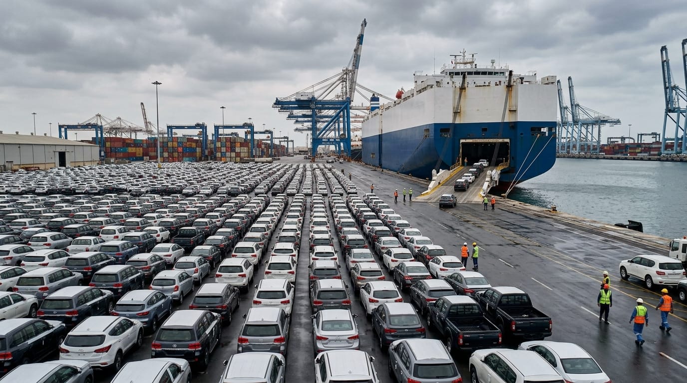 Vehicles queued for RoRo export loading at Jebel Ali Port Dubai with shipping cranes in background