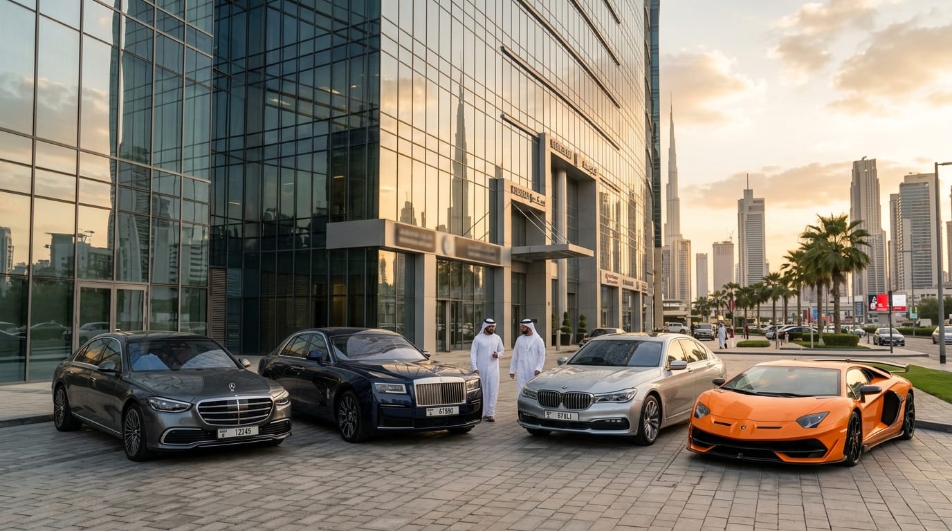 Luxury fleet of high-end rental cars parked outside a Dubai business center, commercial registration visible
