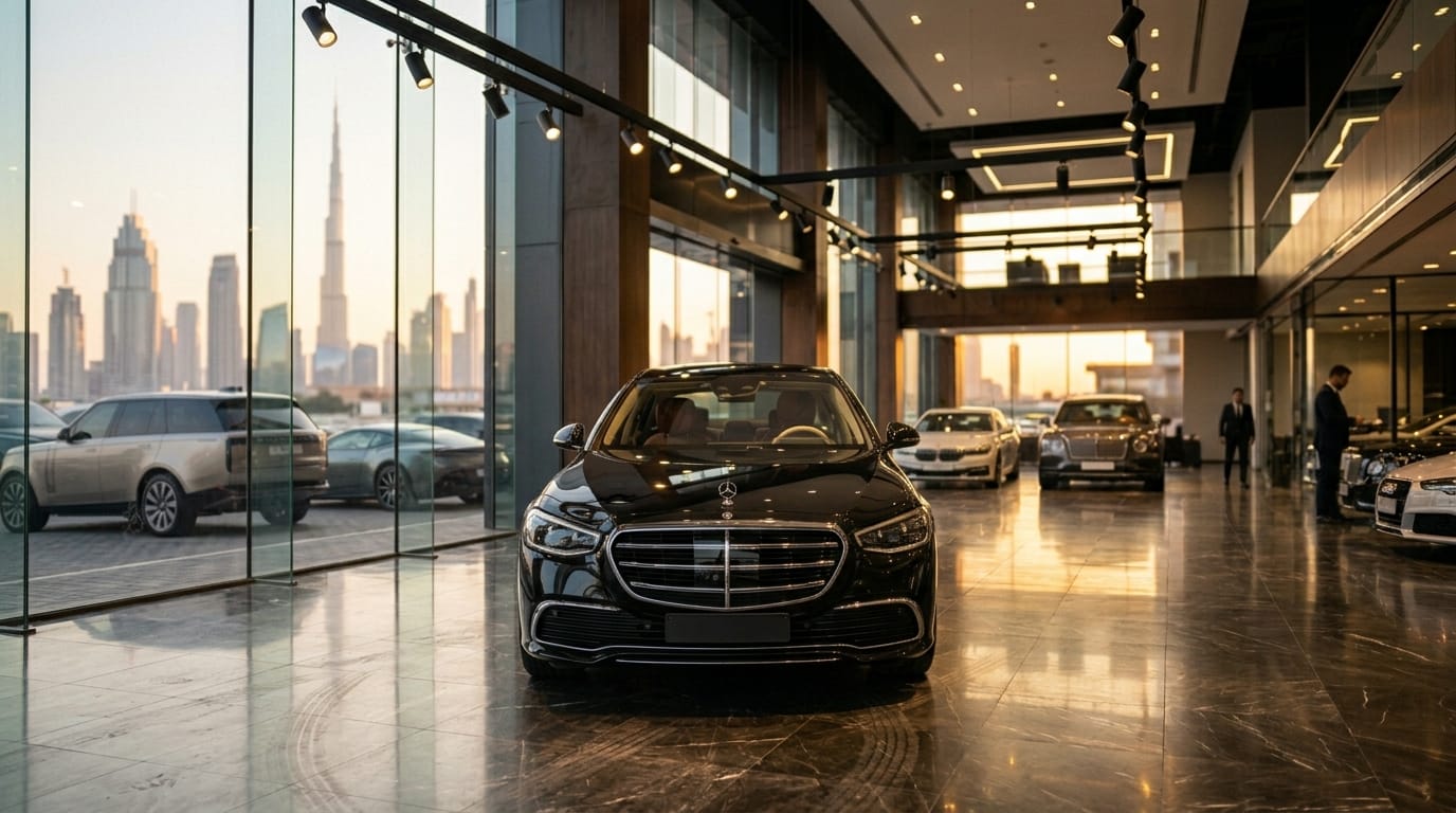 luxury car showroom in Dubai with premium sedan on display