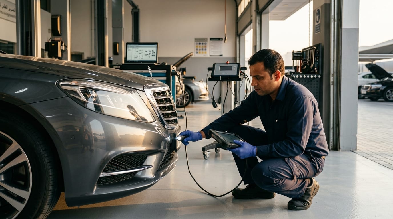 technician inspecting luxury car sensor in UAE workshop