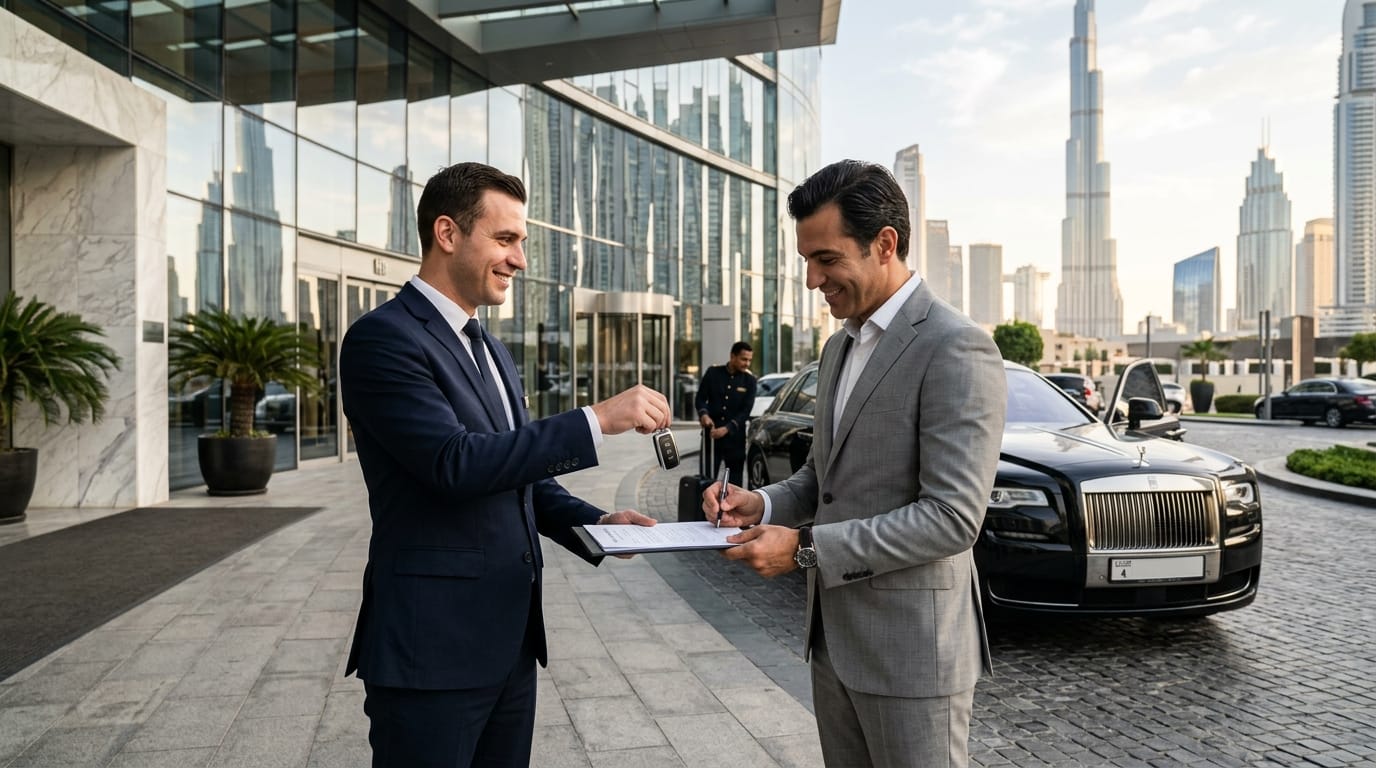 Luxury car key handover between a rental company agent and a business traveler at a hotel entrance in Dubai