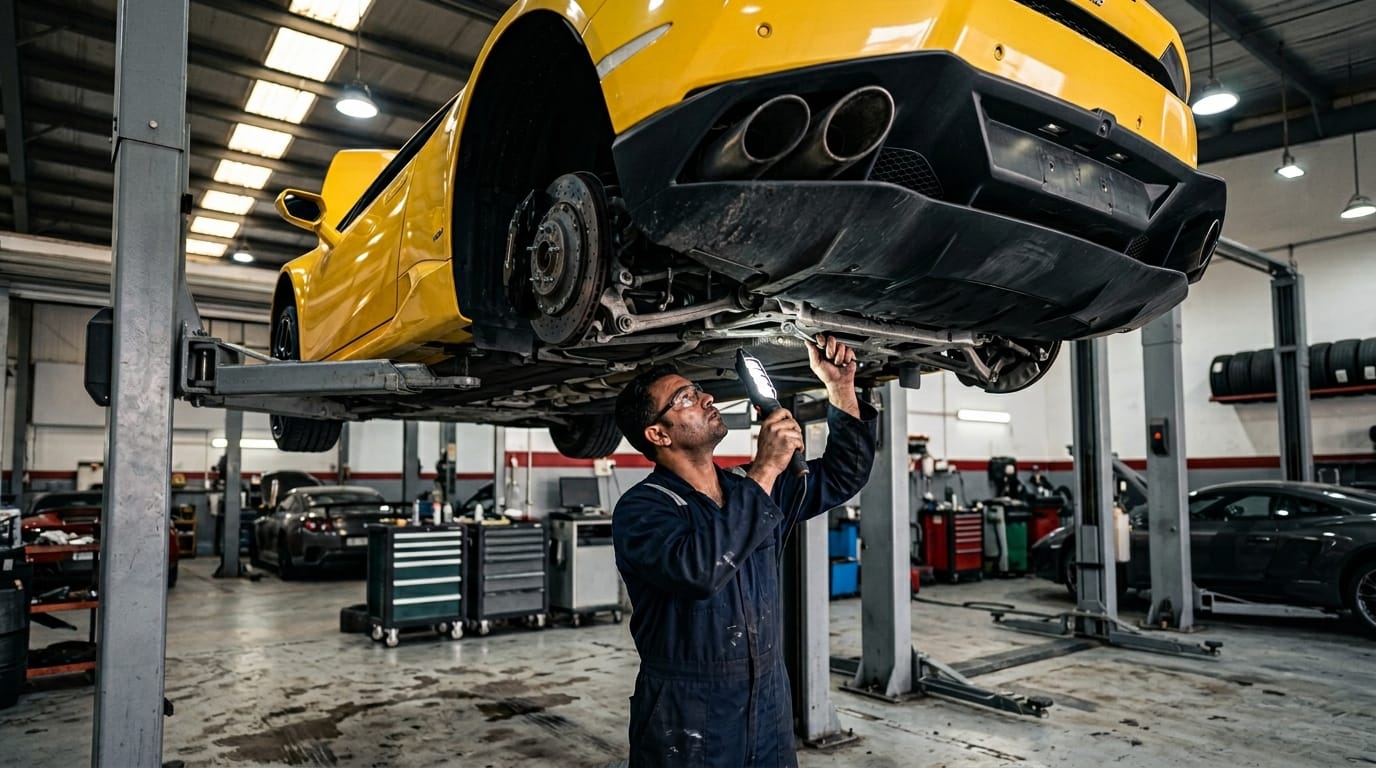 Luxury sports car on a lift inside a professional automotive workshop in Al Quoz Dubai during routine service inspection
