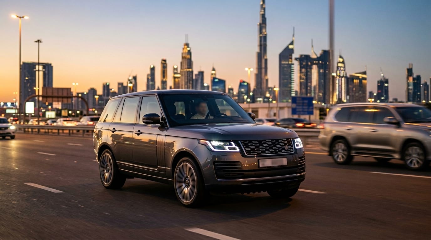 luxury SUV driving on Sheikh Zayed Road Dubai at dusk