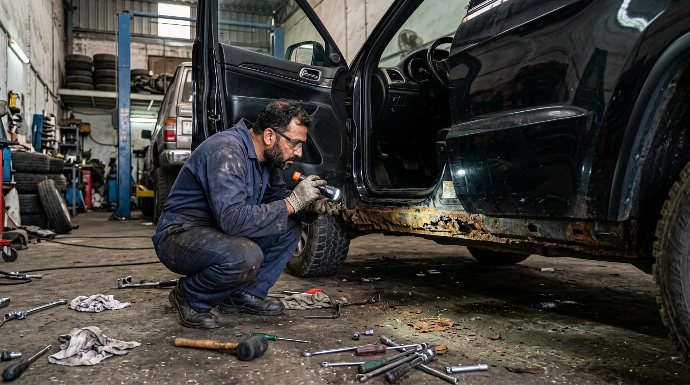 Mechanic checking under seat rails for corrosion signs of previous flood damage on used car