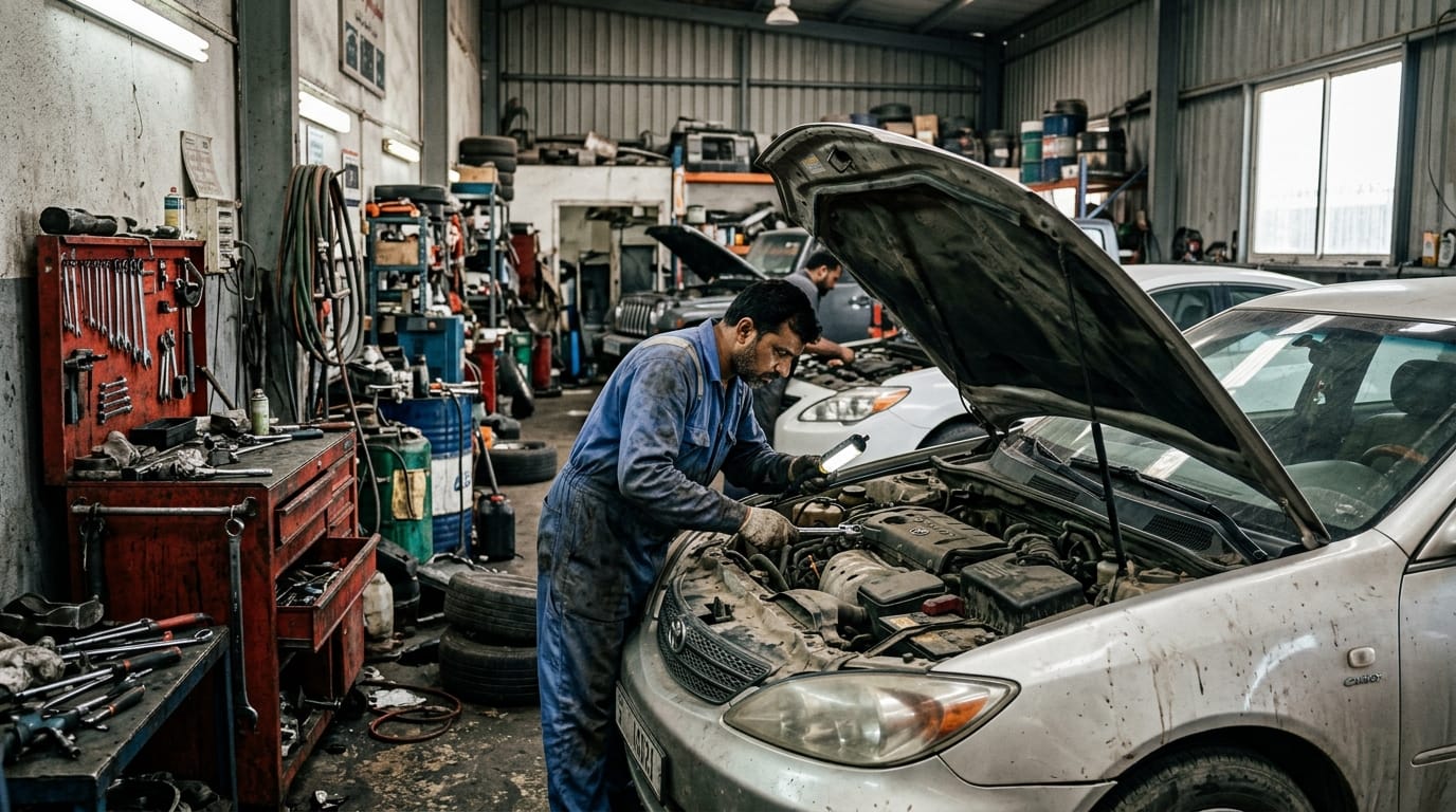 Car mechanic inspecting engine bay in Al Quoz workshop before buyer handover UAE