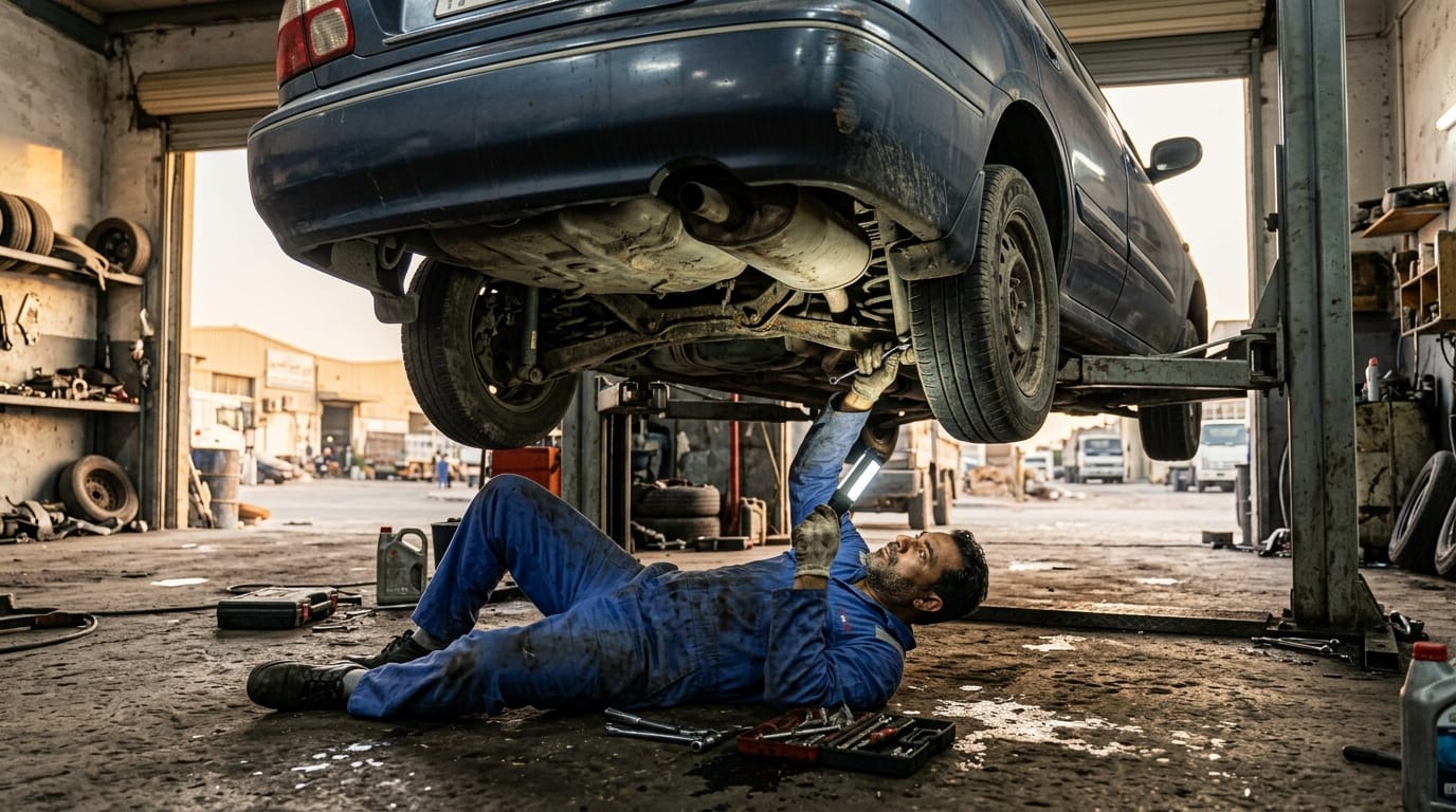 Mechanic conducting an undercarriage inspection on a used vehicle in an Al Quoz workshop