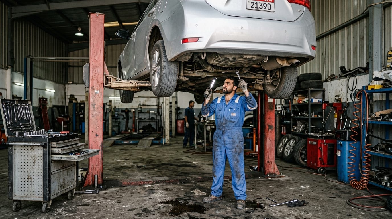 Mechanic performing undercarriage inspection on used Toyota in Al Quoz workshop Dubai