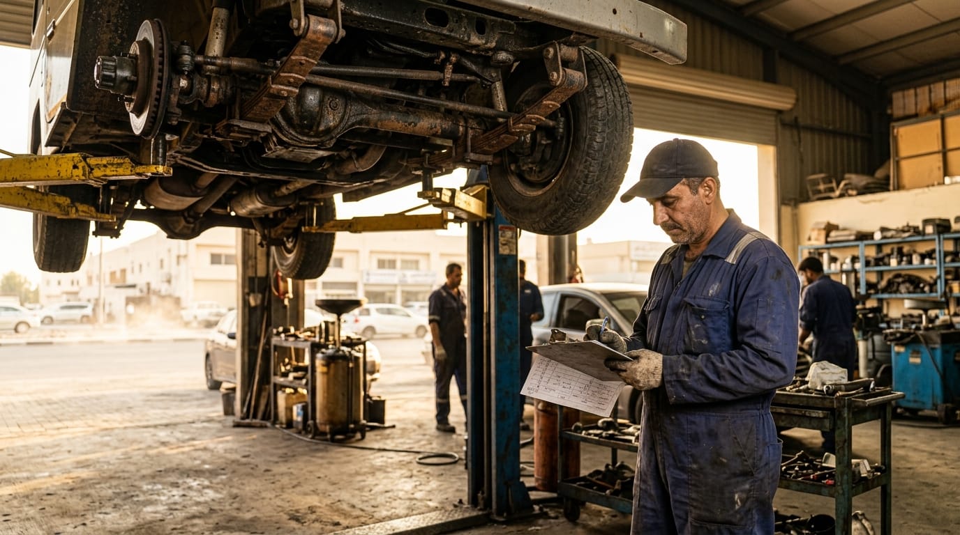 Independent mechanic producing written inspection report on used car in Al Quoz Dubai workshop