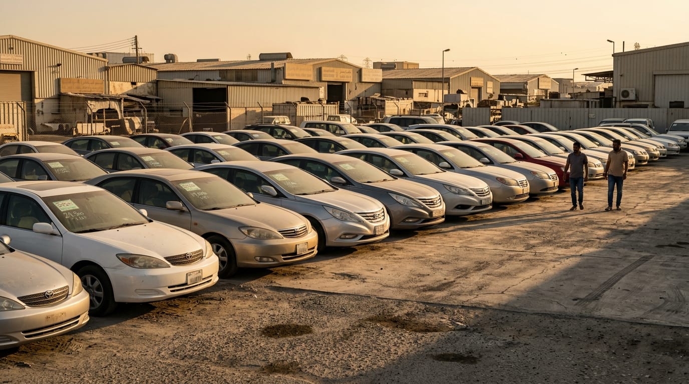 Mussafah used car market Abu Dhabi row of affordable sedans for expat buyers 2026