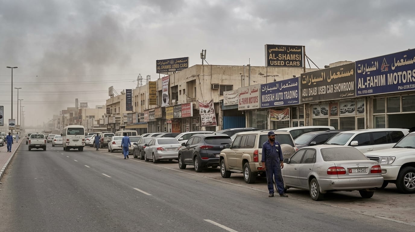 Used car lot at Mussafah Industrial Area Abu Dhabi with rows of vehicles