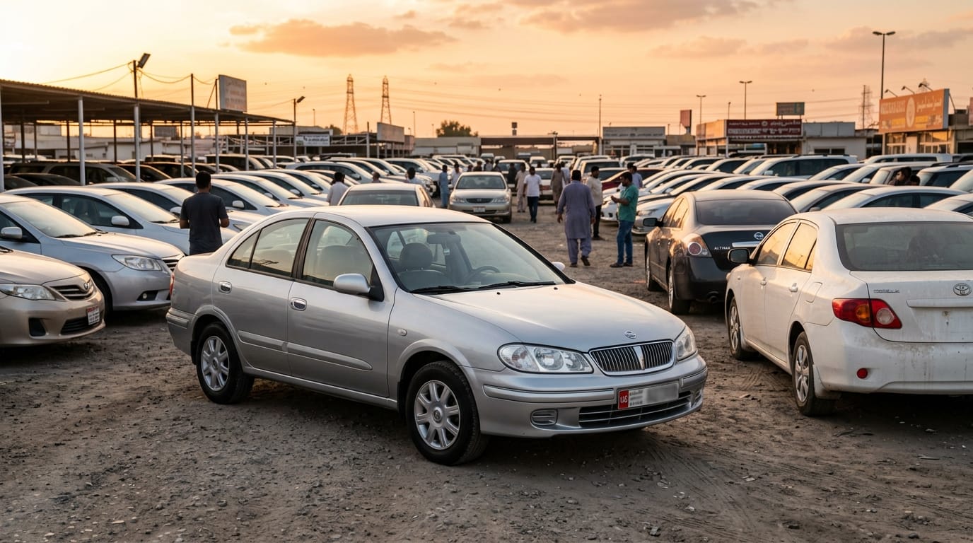 Silver Nissan Sunny parked at Abu Shagara used car market lot in Sharjah waiting for an expat buyer