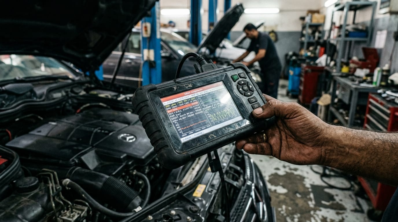OBD2 scanner connected to Nissan Sunny port, technician reading fault codes in Dubai workshop