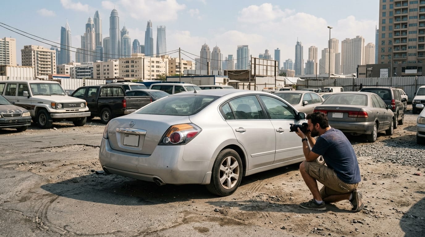 Person photographing Nissan Sunny for Dubizzle car listing in outdoor parking area Dubai
