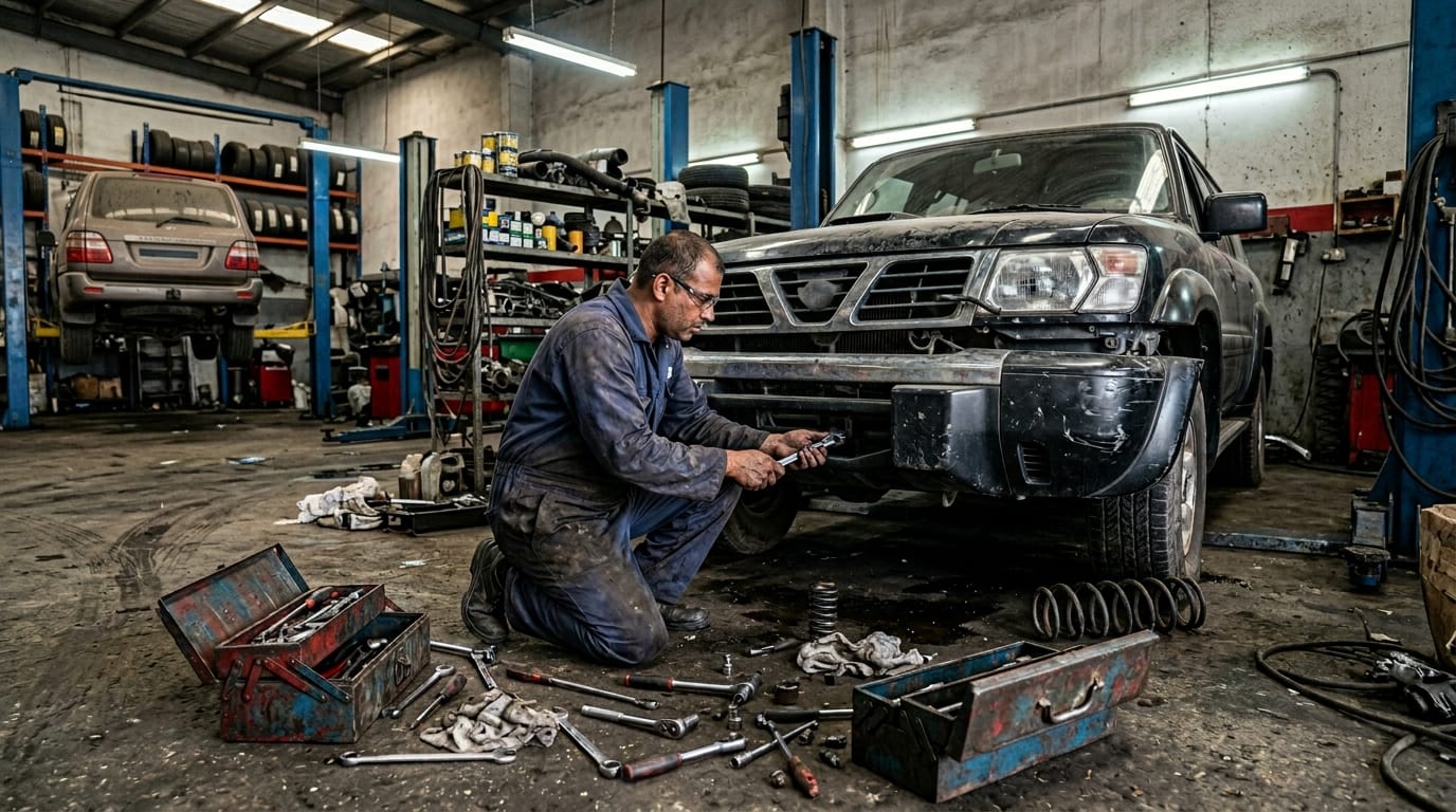 Car undergoing non-agency repair at independent workshop in Al Quoz Dubai after insurance claim