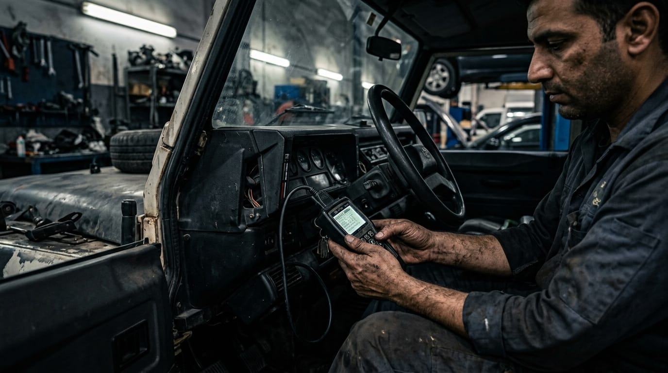 OBD diagnostic scanner connected to car in Al Quoz garage showing engine data on screen