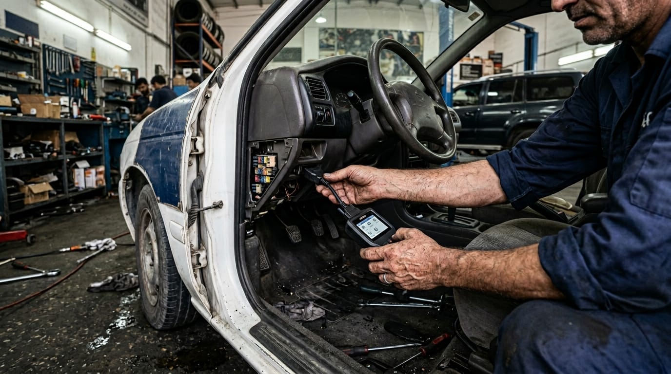 Mechanic using OBD scanner on a used Nissan Sunny in an Al Quoz workshop, Dubai