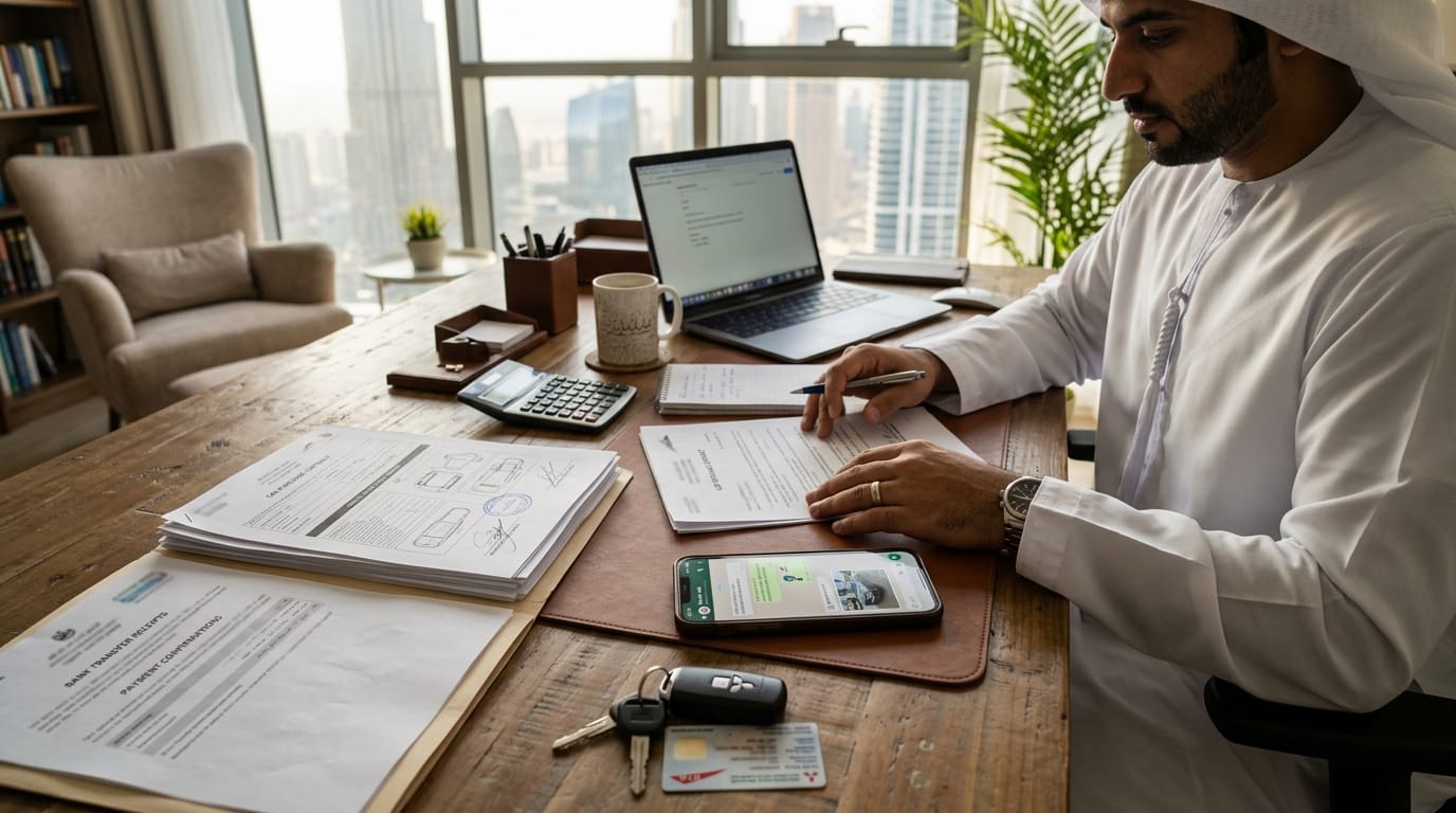 Organized evidence folder with car documents purchase contract and inspection reports on desk UAE
