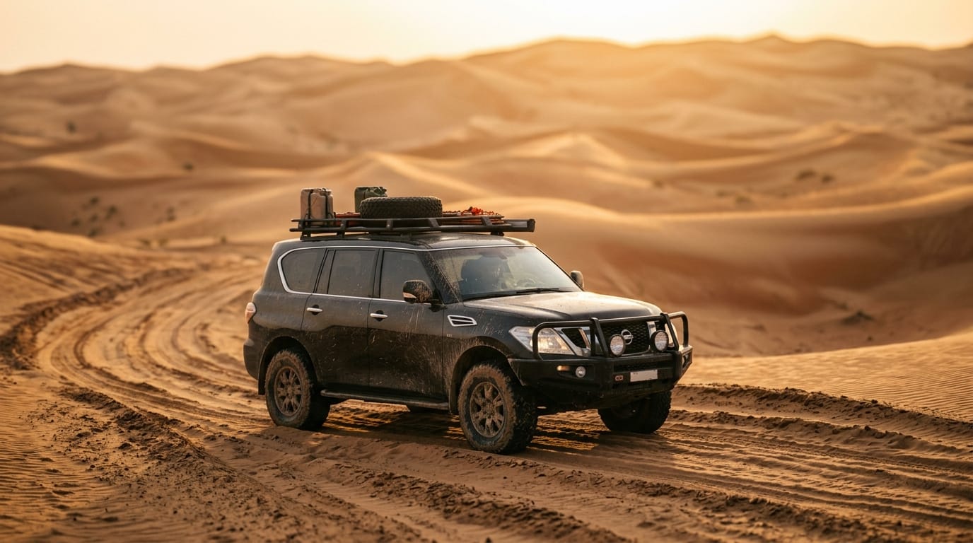 Mitsubishi Pajero on UAE desert sand track near Mleiha during sunset