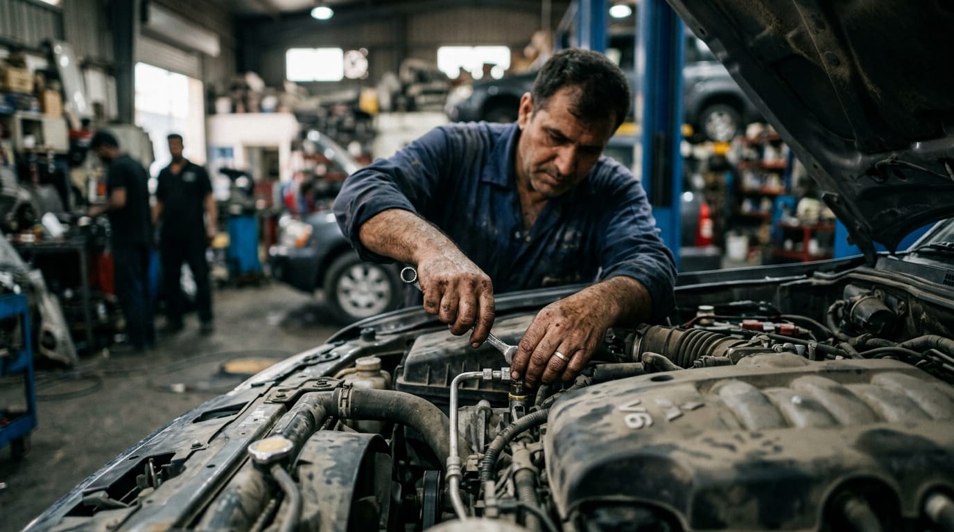 Used Mitsubishi Pajero engine bay inspection at Al Quoz workshop UAE
