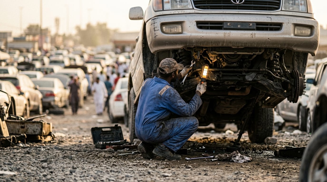 Expat buyer inspecting used Mitsubishi Pajero undercarriage at Al Aweer car market Dubai