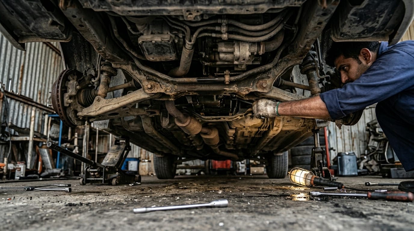 Mechanic checking for fluid leaks under a used Toyota Camry after a test drive in Sharjah