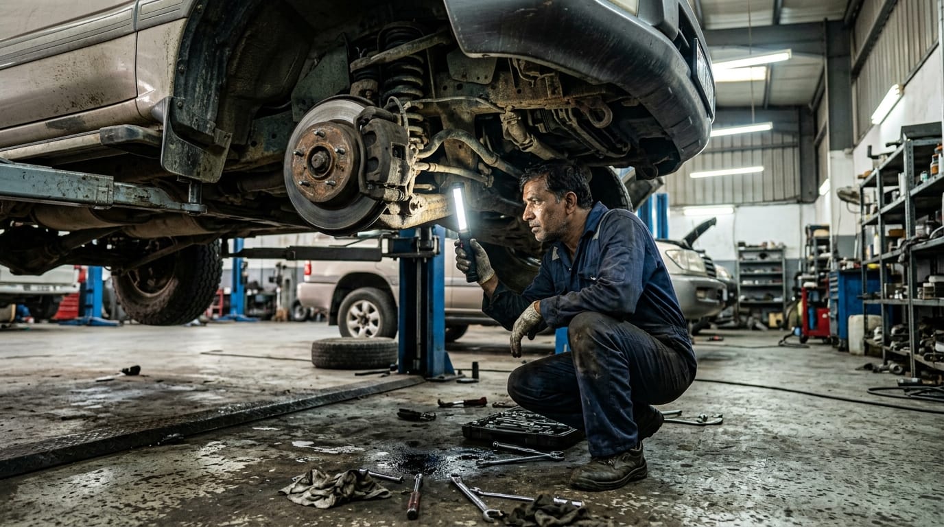 Mechanic inspecting vehicle undercarriage at Al Quoz workshop Dubai ahead of UAE export shipping
