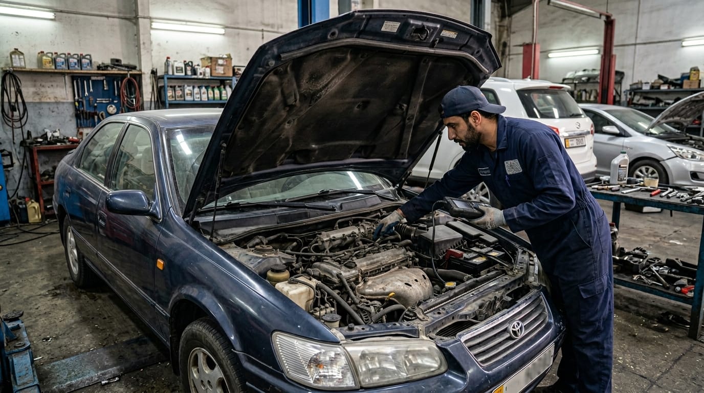 Independent pre-purchase car inspection at Al Quoz workshop Dubai mechanic checking engine