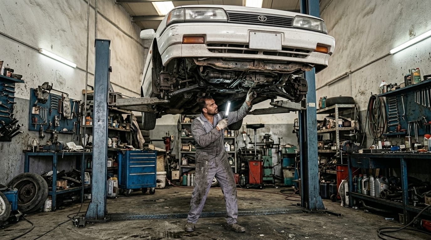 Independent pre-purchase inspection of Toyota Camry at Al Quoz workshop before financing