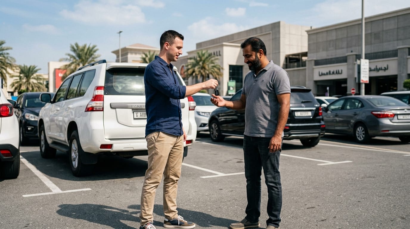 Two men exchanging car keys in parking lot in Dubai, private car sale transaction