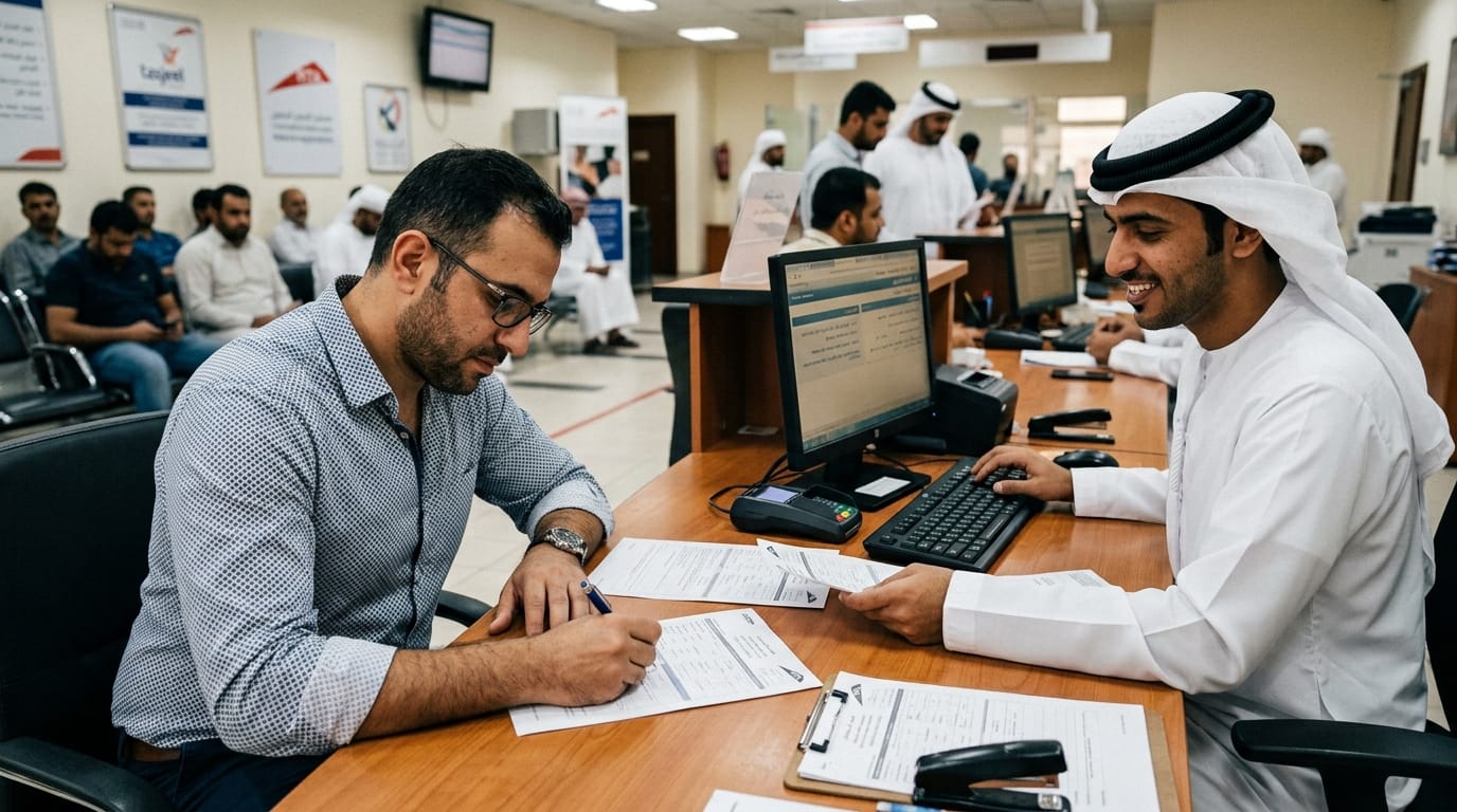 Male expat and buyer at RTA Tasjeel transfer counter completing car ownership documents Dubai