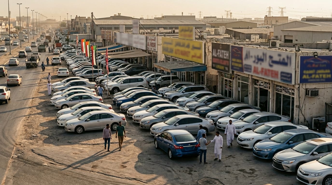 Sharjah used car market Industrial Area dealer row 2026 expat buying