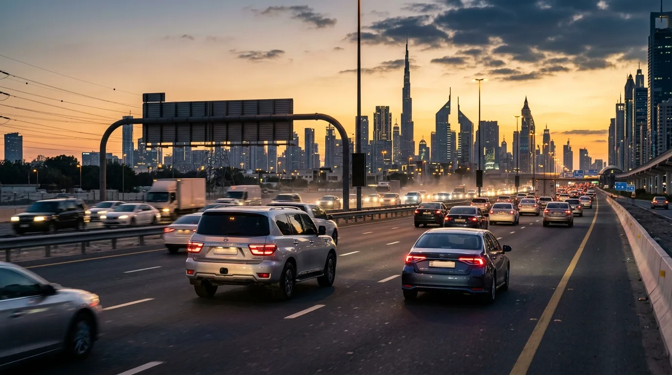 Expat commute on Sheikh Zayed Road Dubai showing typical UAE highway driving conditions