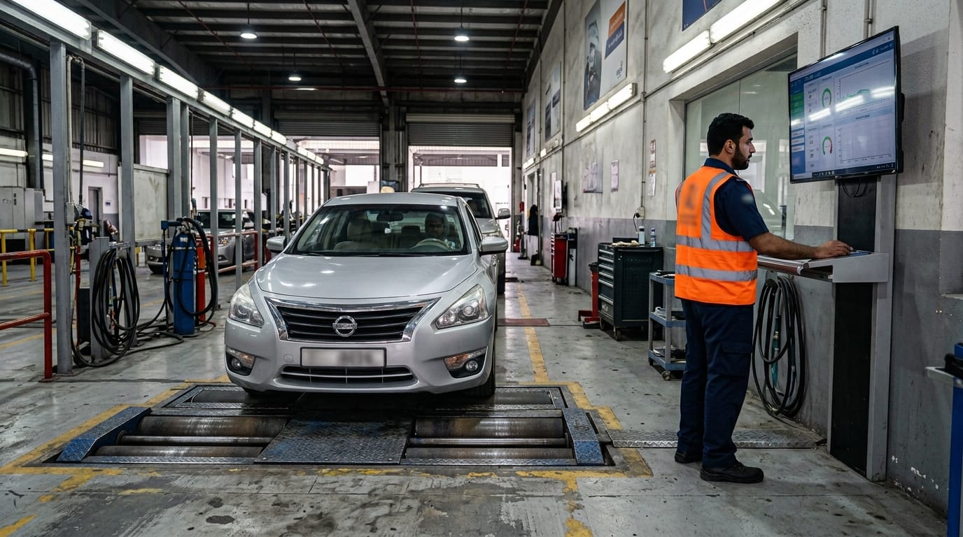 UAE Tasjeel vehicle inspection lane with car on brake test rollers and inspector checking results on screen
