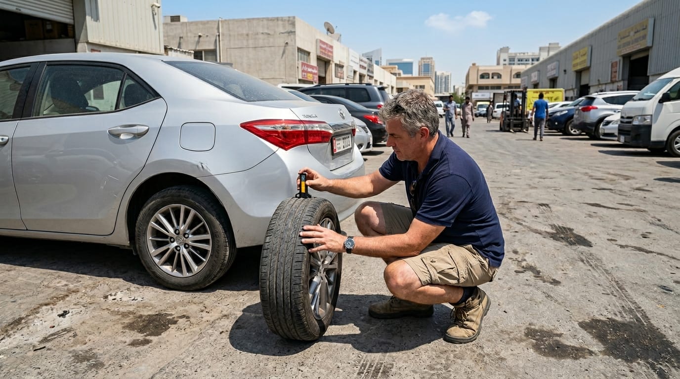 Expat owner checking tyre condition on a silver Toyota Corolla in a UAE parking area before Tasjeel inspection