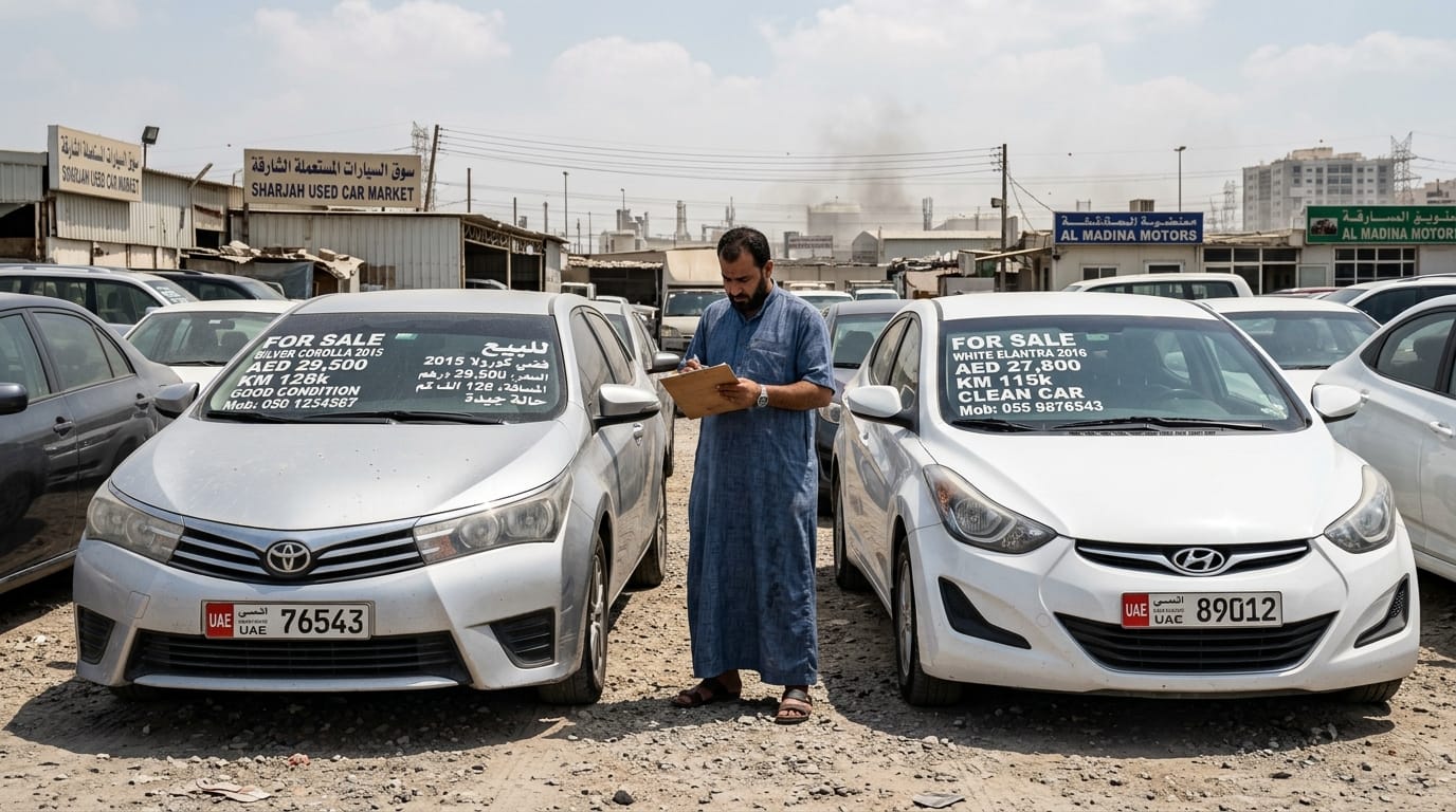 Side by side used Toyota Corolla and Hyundai Elantra at a used car lot in Sharjah UAE