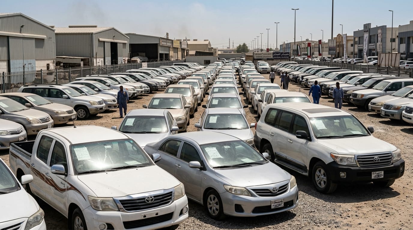 Used Toyota vehicles lined up at Al Quoz used car market UAE with price tags visible on windshields