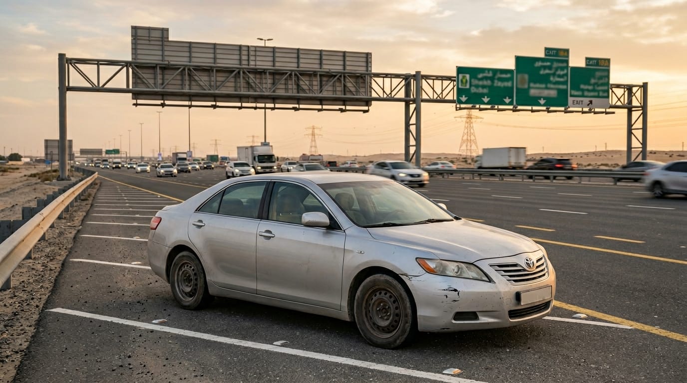 Car with bumper damage after a minor accident on a UAE highway