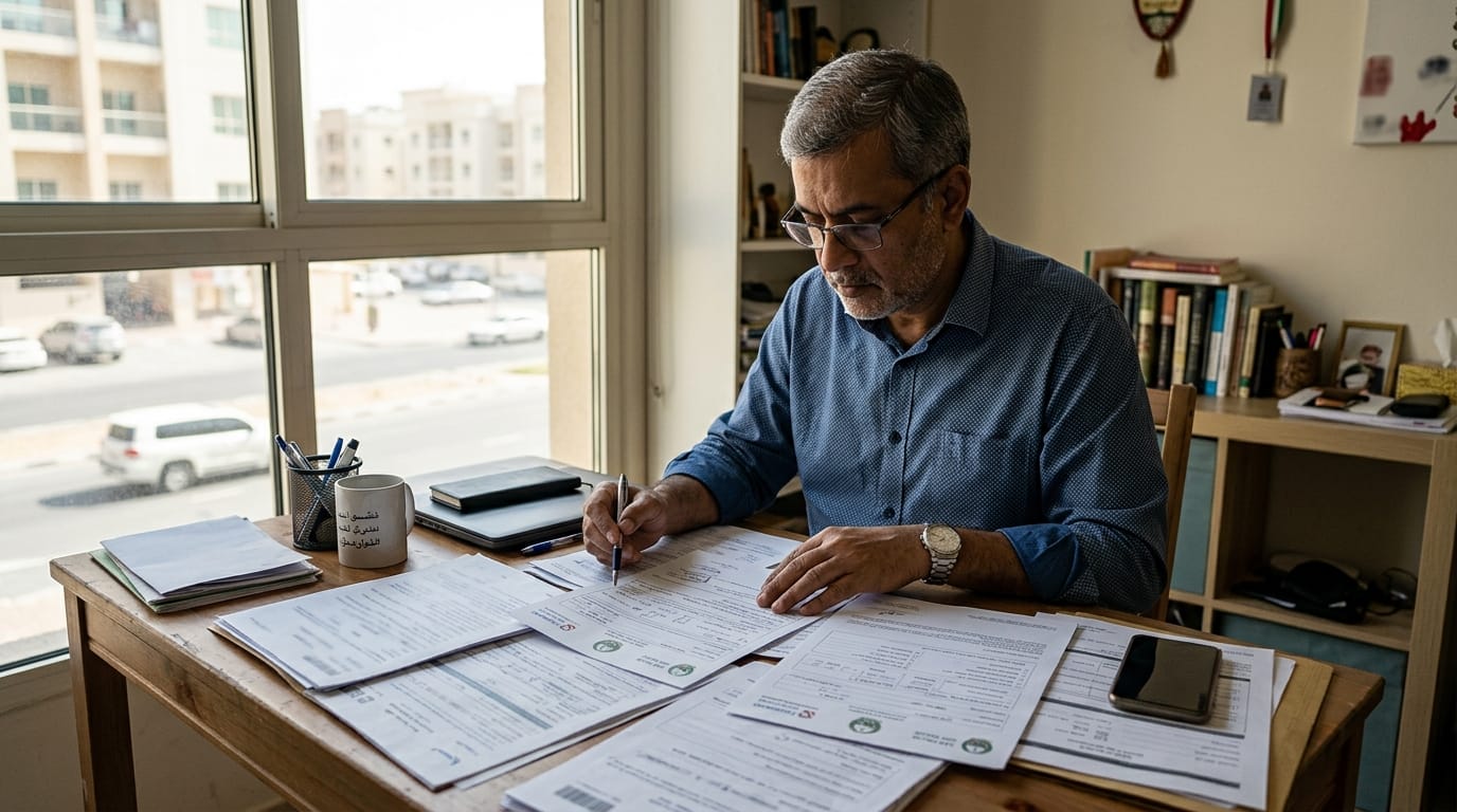 A man reviewing documents including a police report and insurance papers at a desk in a modest Dubai flat