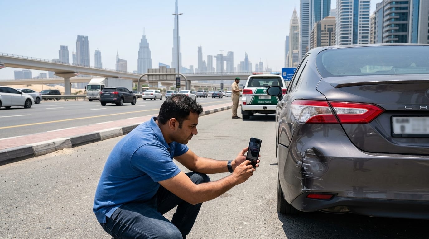 Driver photographing car damage with a smartphone at the roadside in Dubai, police car visible in the background