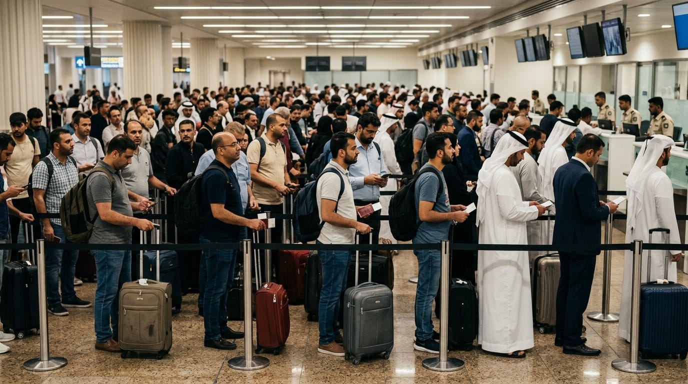UAE airport immigration counter with expatriates checking travel documents