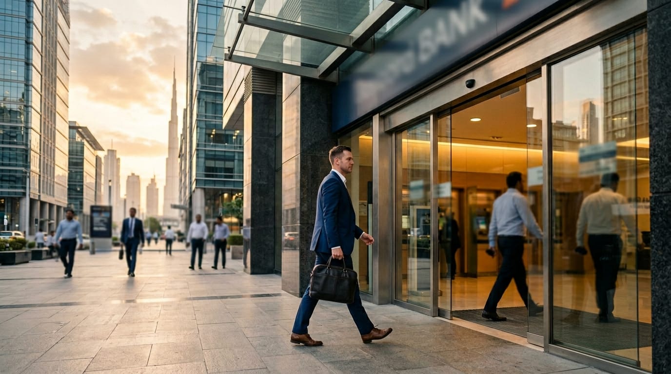 UAE bank branch exterior in Dubai financial district, expat entering for credit consultation, golden hour lighting