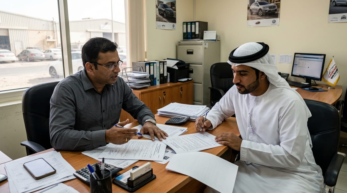 UAE car dealership finance office with documents and loan agreement on desk in Al Quoz Dubai
