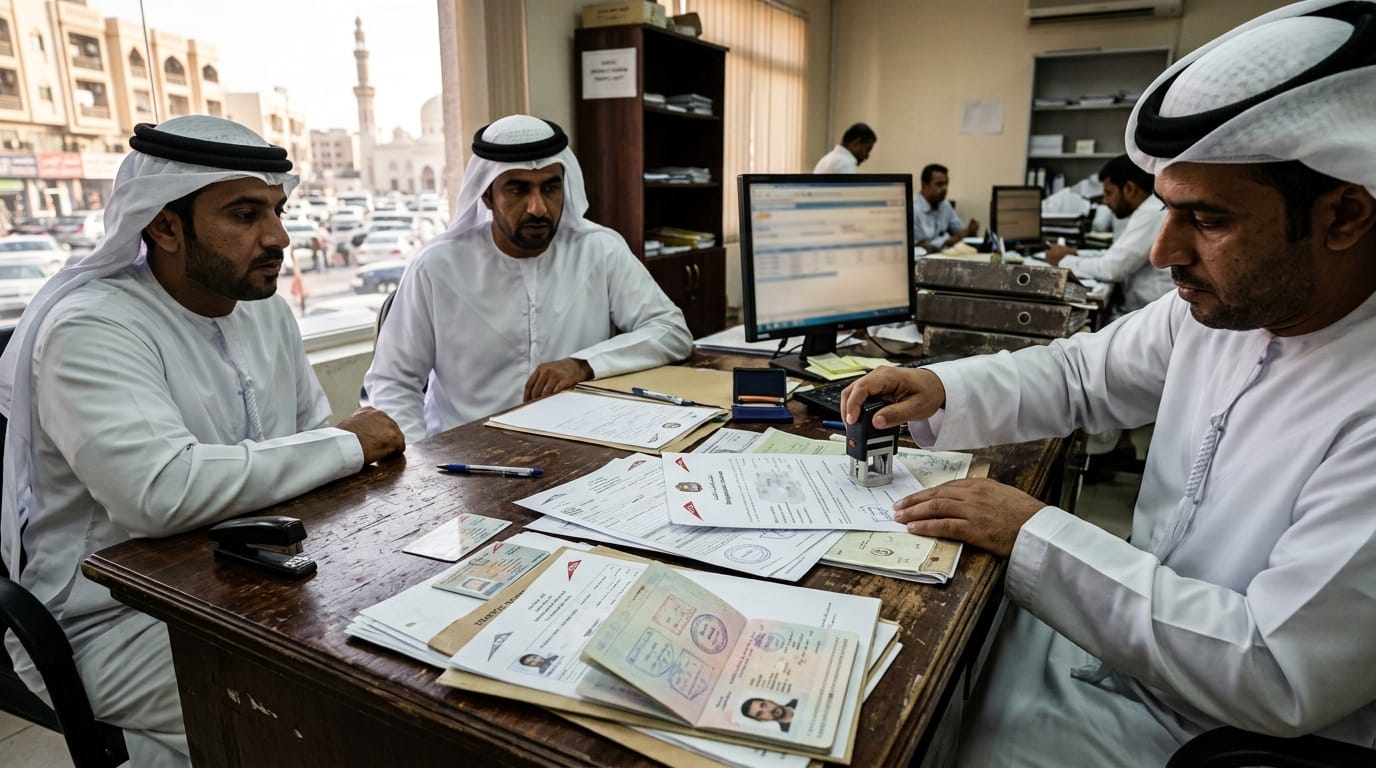 UAE car export documentation at a Deira vehicle registration office, passports and registration cards on desk